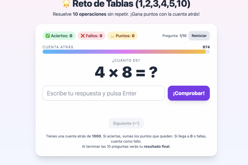 🚀 Juego tablas (1,2,3,4,5,10) +7 años