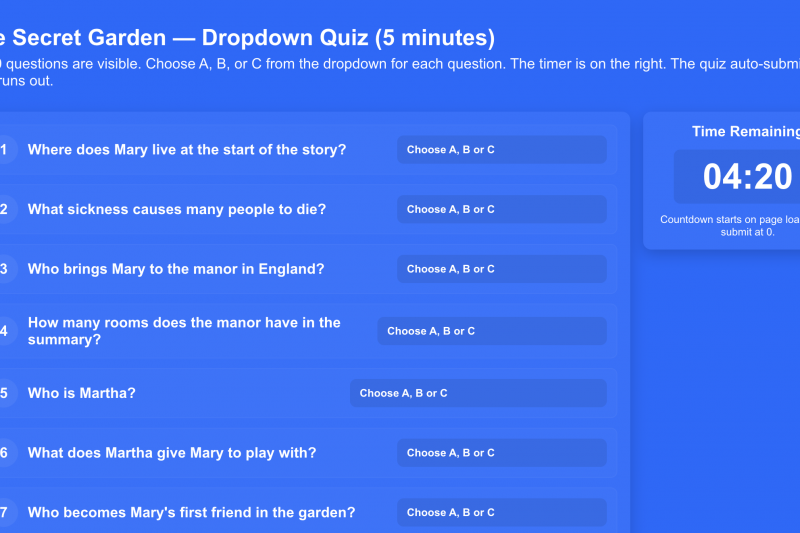 The Secret Garden – Dropdown Quiz 5 minutes